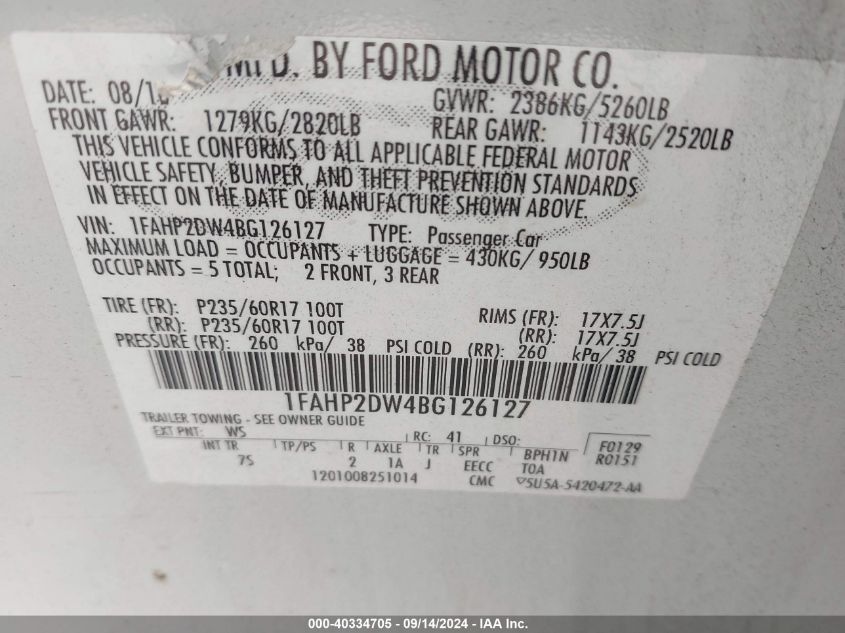 2011 Ford Taurus Se VIN: 1FAHP2DW4BG126127 Lot: 40334705