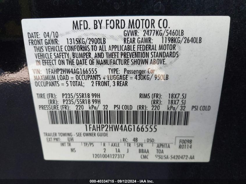 2010 Ford Taurus Sel VIN: 1FAHP2HW4AG166555 Lot: 40334715