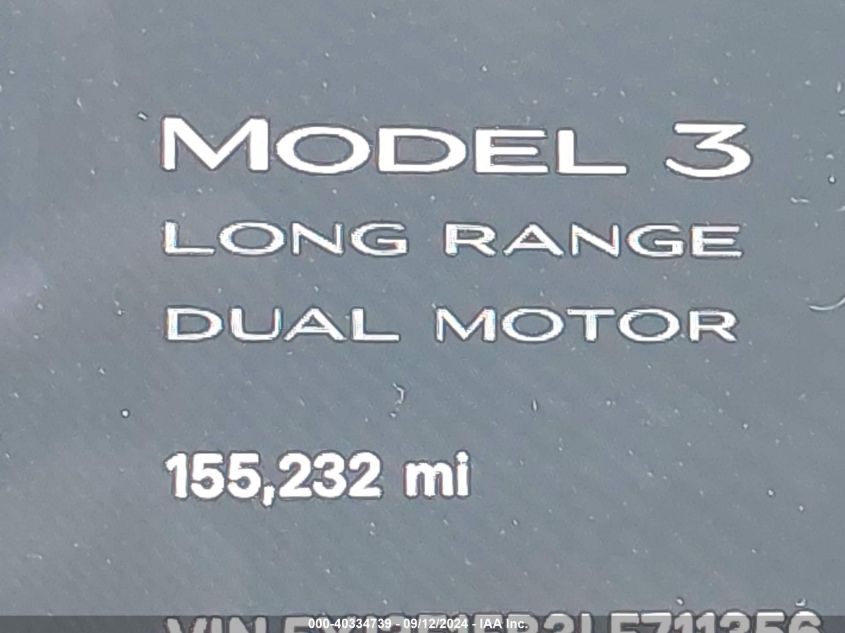 2020 Tesla Model 3 Long Range Dual Motor All-Wheel Drive VIN: 5YJ3E1EB3LF711356 Lot: 40334739