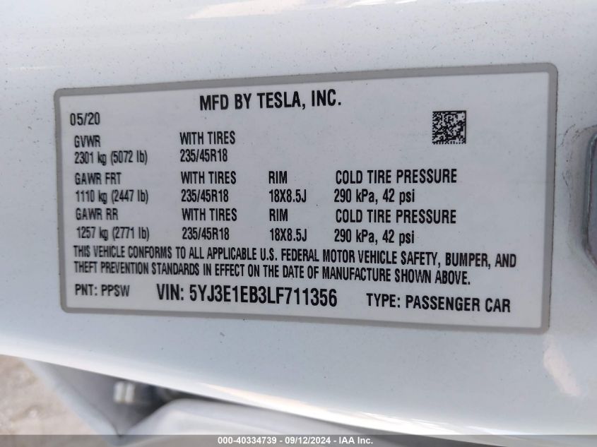 2020 Tesla Model 3 Long Range Dual Motor All-Wheel Drive VIN: 5YJ3E1EB3LF711356 Lot: 40334739