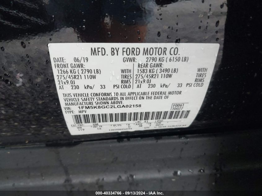 2020 Ford Explorer St VIN: 1FM5K8GC2LGA02158 Lot: 40334766