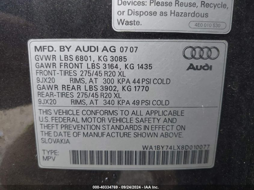 WA1BY74LX8D010077 2008 Audi Q7 3.6 Premium