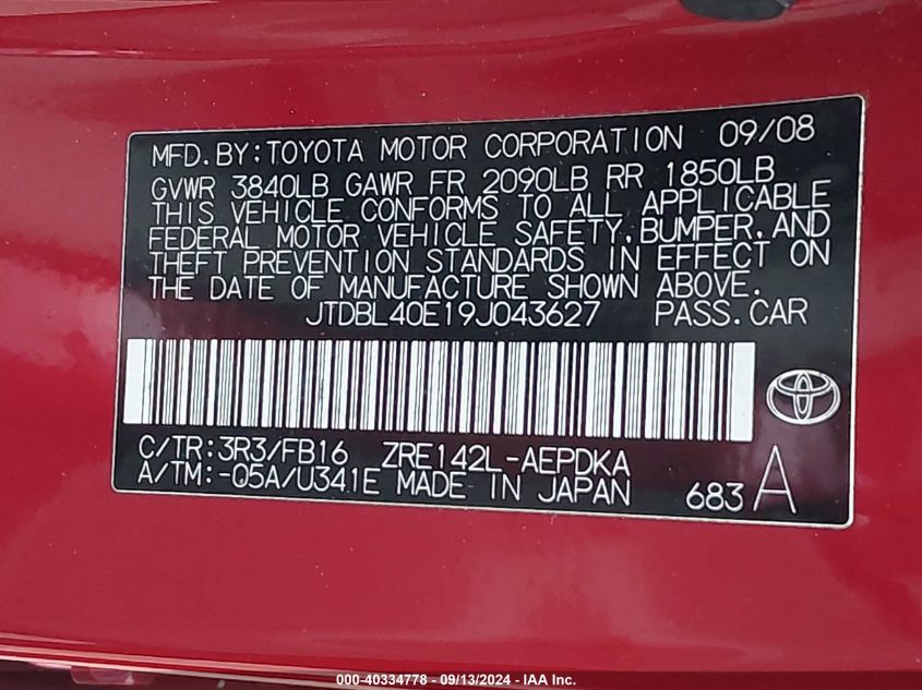 2009 Toyota Corolla Le VIN: JTDBL40E19J043627 Lot: 40334778