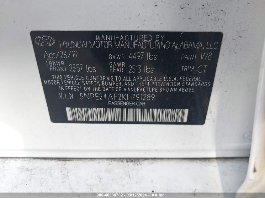 2019 Hyundai Sonata Se VIN: 5NPE24AF2KH791289 Lot: 40334782