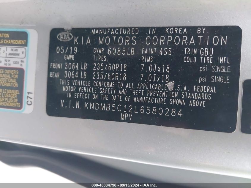 KNDMB5C12L6580284 2020 Kia Sedona Lx/Ex