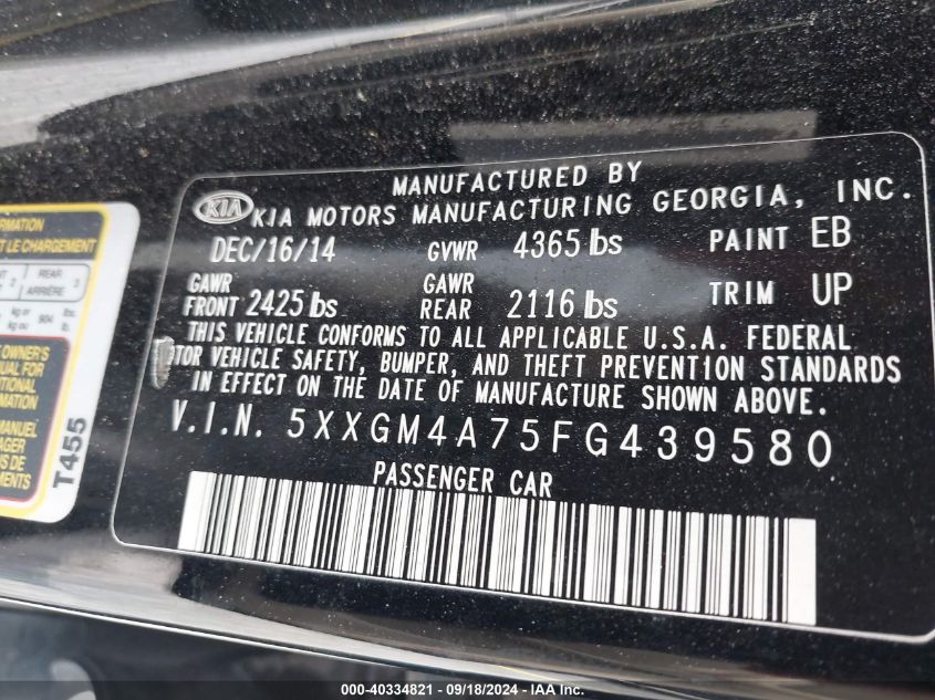 5XXGM4A75FG439580 2015 Kia Optima Lx