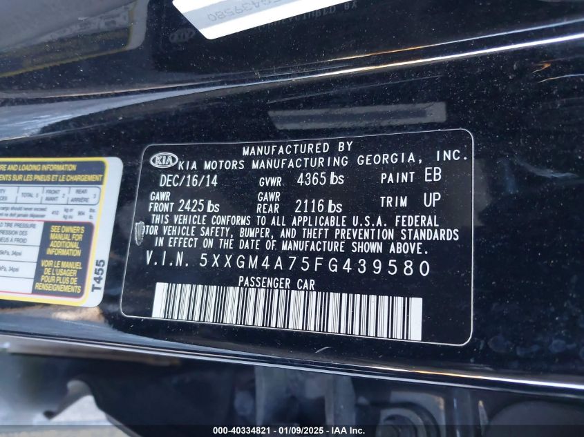 VIN 5XXGM4A75FG439580 2015 KIA Optima, LX no.9