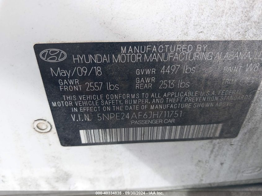 5NPE24AF6JH711751 2018 Hyundai Sonata Se