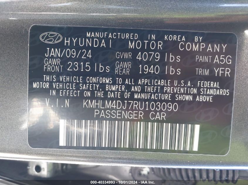 2024 Hyundai Elantra Hybrid Blue VIN: KMHLM4DJ7RU103090 Lot: 40334993