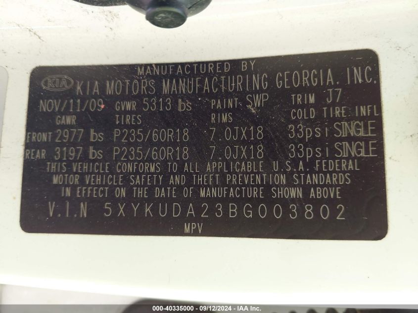 5XYKUDA23BG003802 2011 Kia Sorento Ex V6