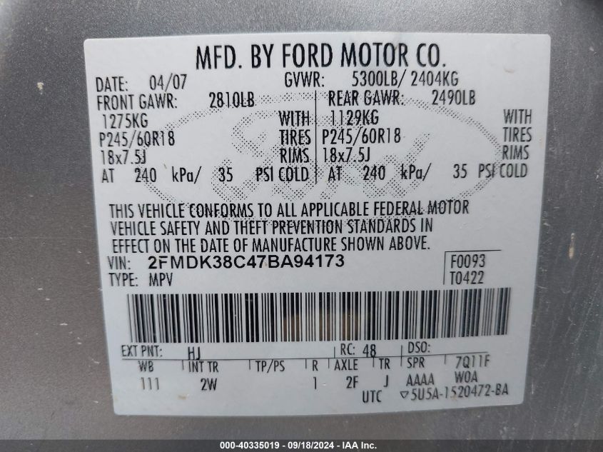 2FMDK38C47BA94173 2007 Ford Edge Sel