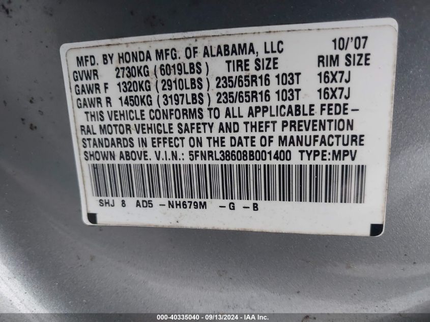 2008 Honda Odyssey Ex-L VIN: 5FNRL38608B001400 Lot: 40335040