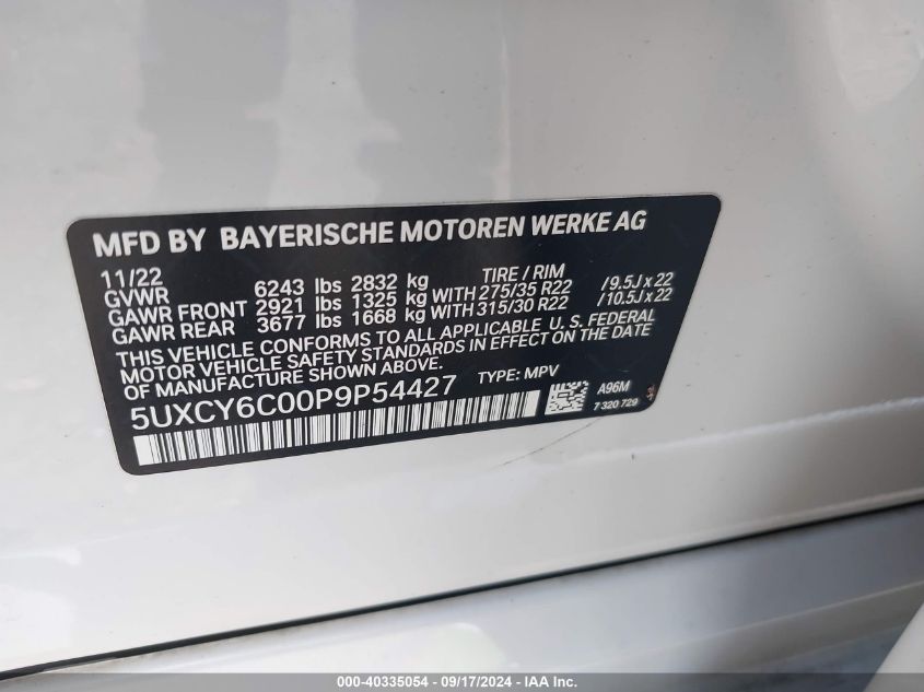 2023 BMW X6 xDrive40I VIN: 5UXCY6C00P9P54427 Lot: 40335054