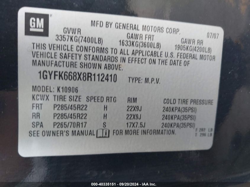 1GYFK668X8R112410 2008 Cadillac Escalade Esv Standard