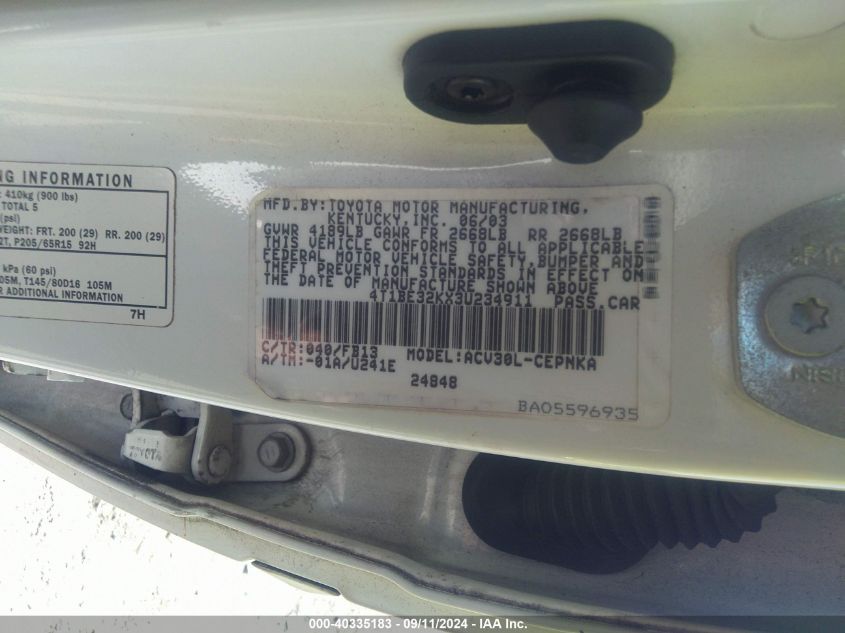 4T1BE32KX3U234911 2003 Toyota Camry Le