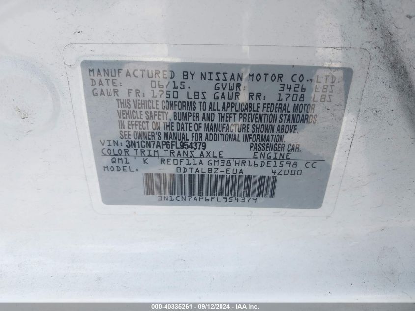 3N1CN7AP6FL954379 2015 Nissan Versa S/S Plus/Sv/Sl