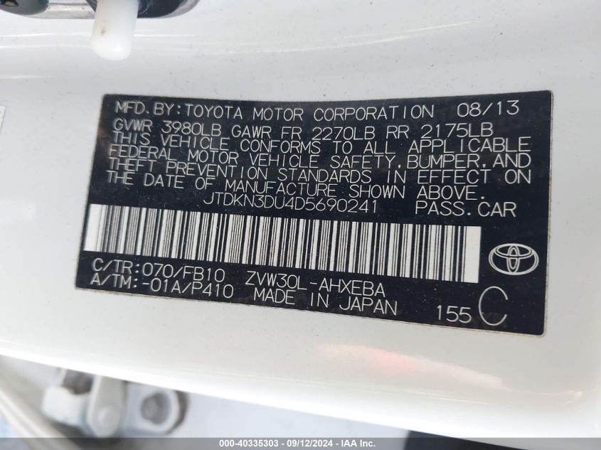 2013 Toyota Prius Three VIN: JTDKN3DU4D5690241 Lot: 40335303