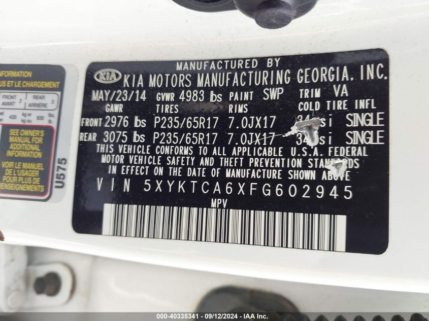 VIN 5XYKTCA6XFG602945 2015 KIA Sorento, LX no.9