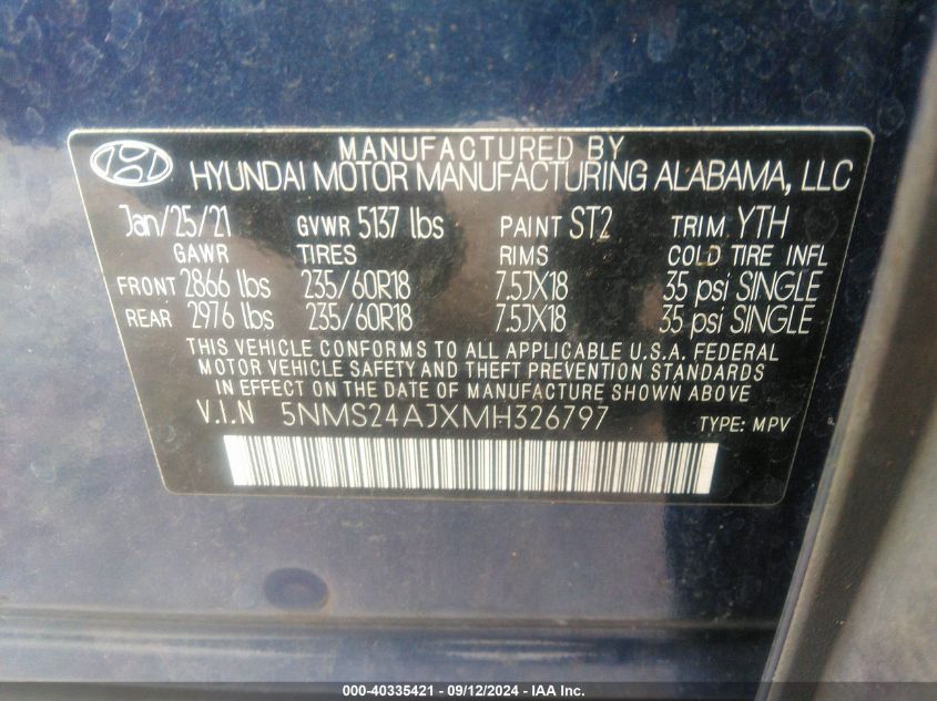 2021 Hyundai Santa Fe Sel VIN: 5NMS24AJXMH326797 Lot: 40335421