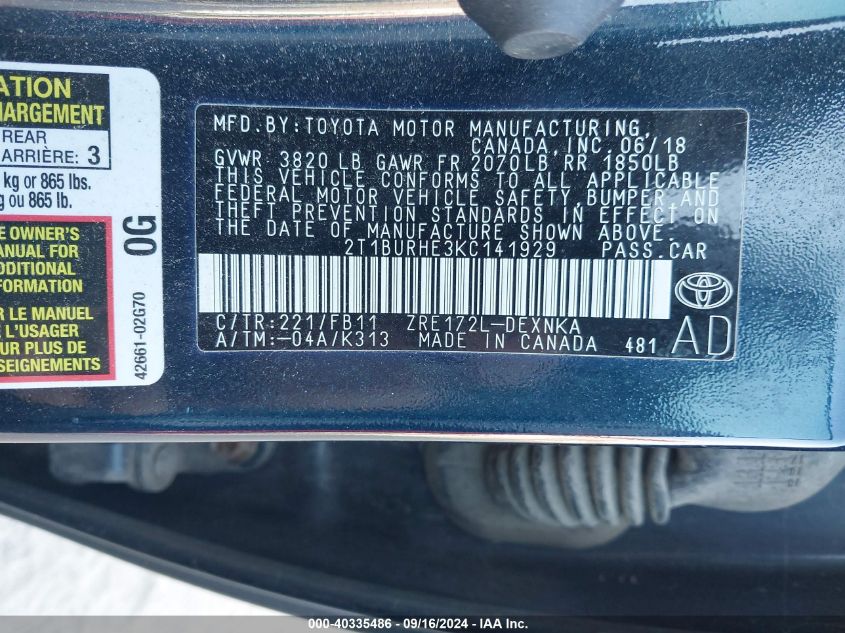 2019 TOYOTA COROLLA VIN: 2T1BURHE3KC141929