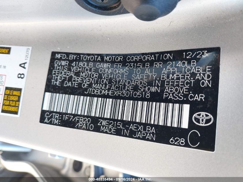 2024 Toyota Corolla Hybrid Le VIN: JTDBDMHEXR3010518 Lot: 40335494