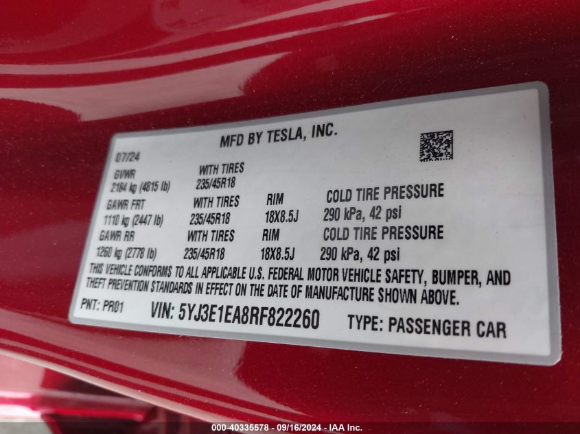 2024 Tesla Model 3 VIN: 5YJ3E1EA8RF822260 Lot: 40335578