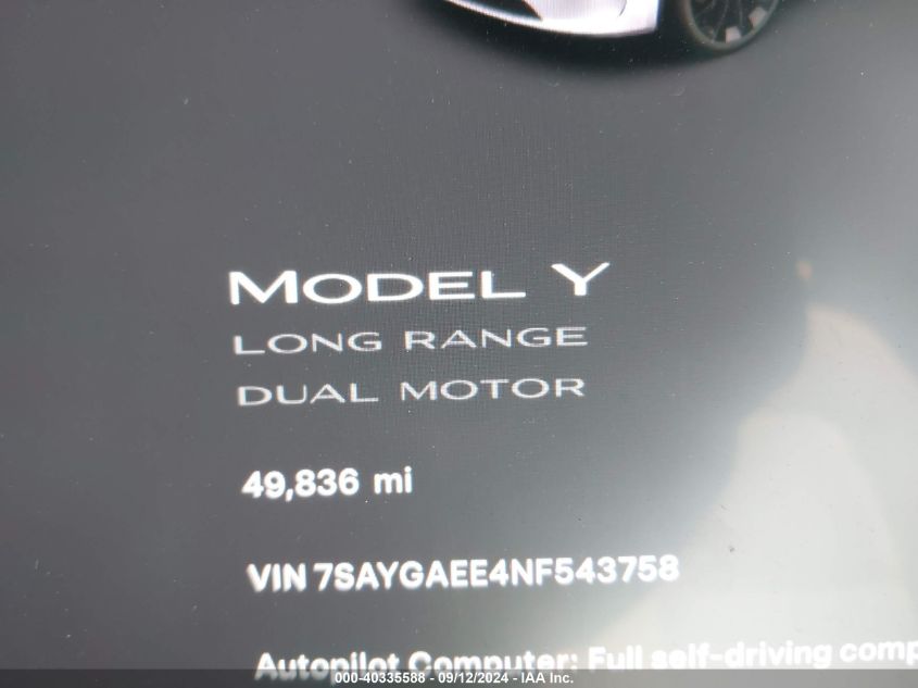 2022 TESLA MODEL Y LONG RANGE DUAL MOTOR ALL-WHEEL DRIVE - 7SAYGAEE4NF543758