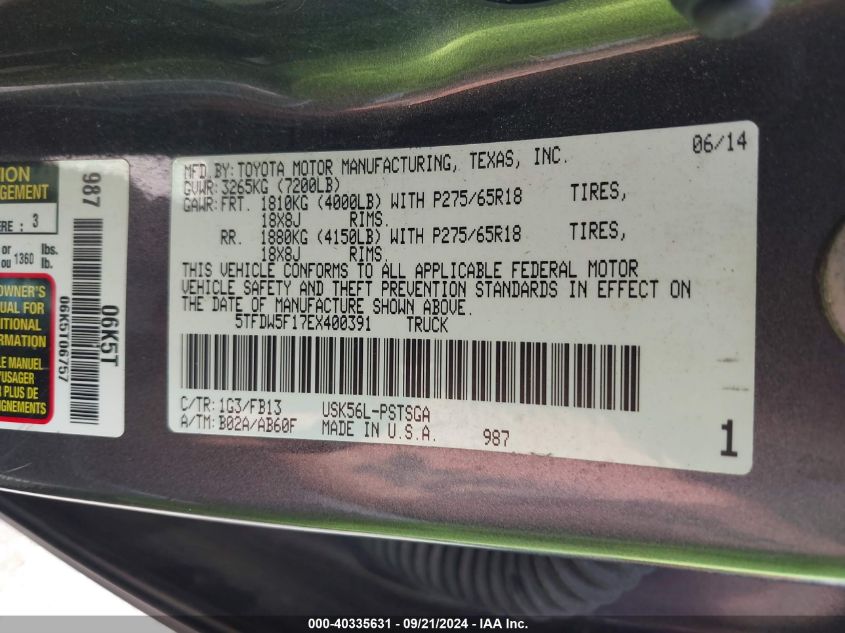 5TFDW5F17EX400391 2014 Toyota Tundra Sr5 5.7L V8