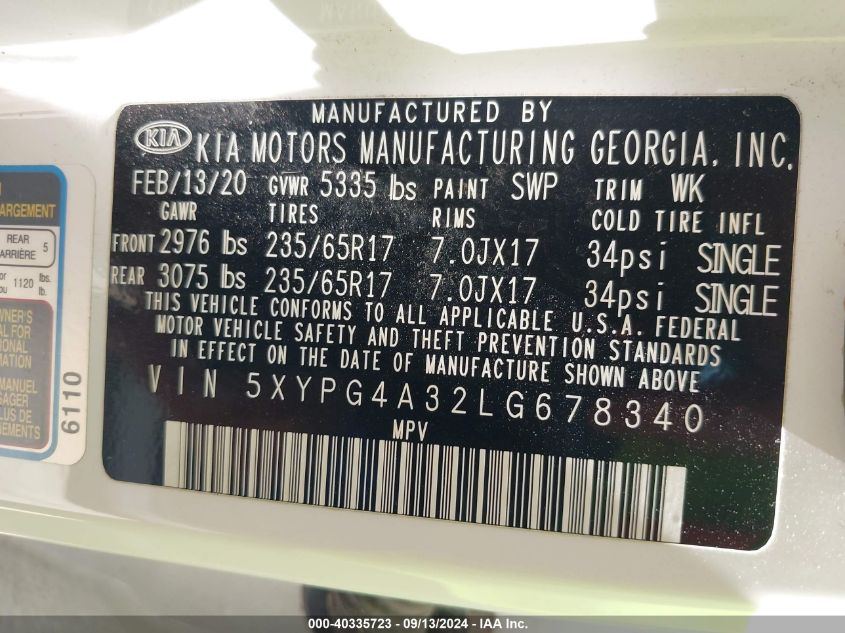 2020 KIA SORENTO 2.4L L - 5XYPG4A32LG678340