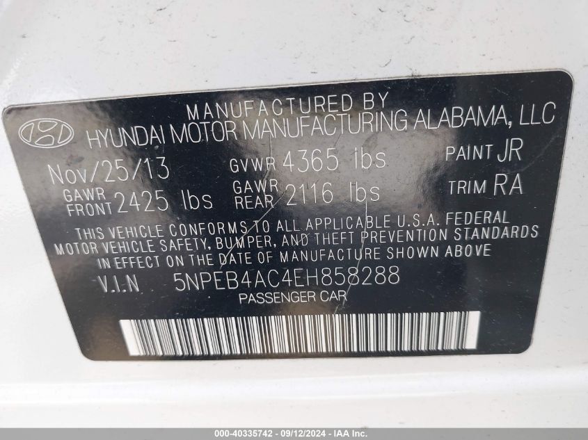 2014 Hyundai Sonata Gls VIN: 5NPEB4AC3EH858288 Lot: 40335742