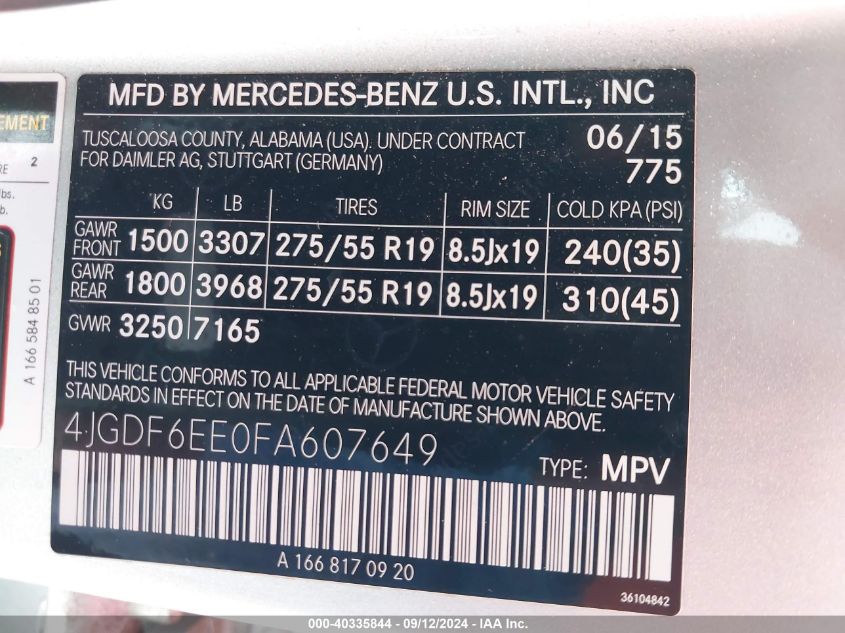 4JGDF6EE0FA607649 2015 Mercedes-Benz Gl 450 4Matic