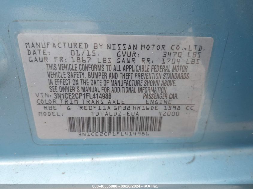 3N1CE2CP1FL414986 2015 Nissan Versa Note S (Sr)/S Plus/Sl/Sr/Sv