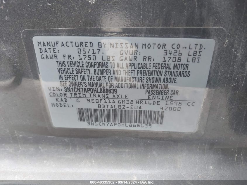 3N1CN7AP0HL888639 2017 Nissan Versa S/S Plus/Sv/Sl