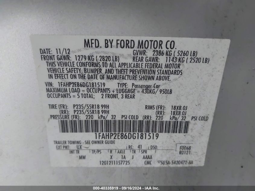 2013 FORD TAURUS SEL - 1FAHP2E86DG181519