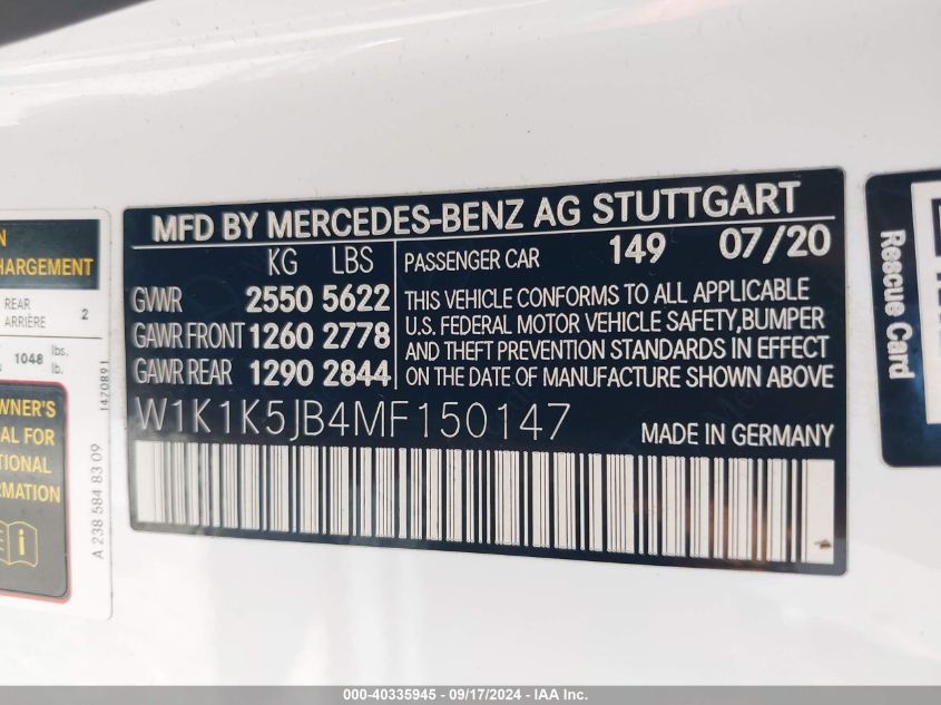 2021 Mercedes-Benz E 450 VIN: W1K1K5JB4MF150147 Lot: 40335945