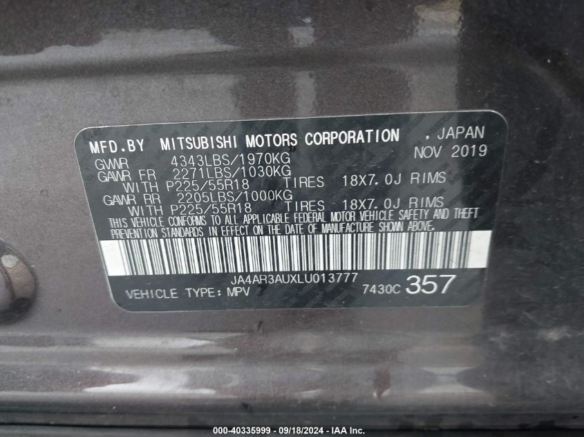 2020 Mitsubishi Outlander Sport 2.0 Es Awc VIN: JA4AR3AUXLU013777 Lot: 40335999