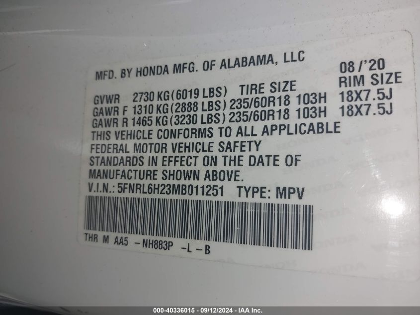 2021 Honda Odyssey Lx VIN: 5FNRL6H23MB011251 Lot: 40336015