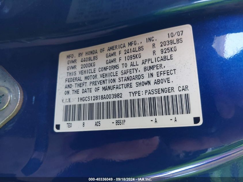 1HGCS12818A003982 2008 Honda Accord 2.4 Ex-L