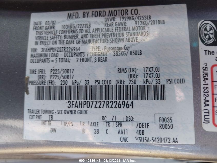 2007 Ford Fusion Se VIN: 3FAHP07Z27R226964 Lot: 40336148