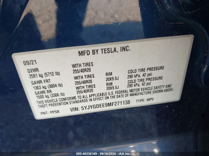 2021 Tesla Model Y VIN: 5YJYGDEE9MF271138 Lot: 40336169