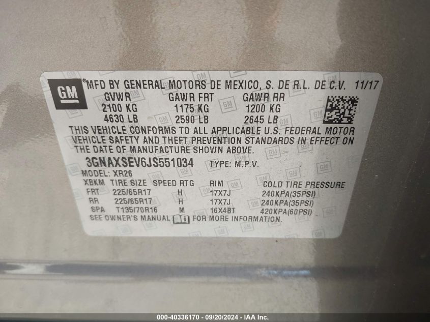 3GNAXSEV6JS551034 2018 Chevrolet Equinox Lt