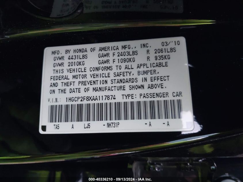 2010 Honda Accord Exl VIN: 1HGCP2F8XAA117874 Lot: 40336210