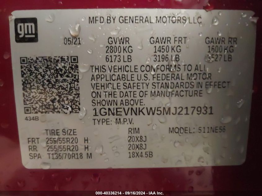 2021 Chevrolet Traverse Awd High Country VIN: 1GNEVNKW5MJ217931 Lot: 40336214