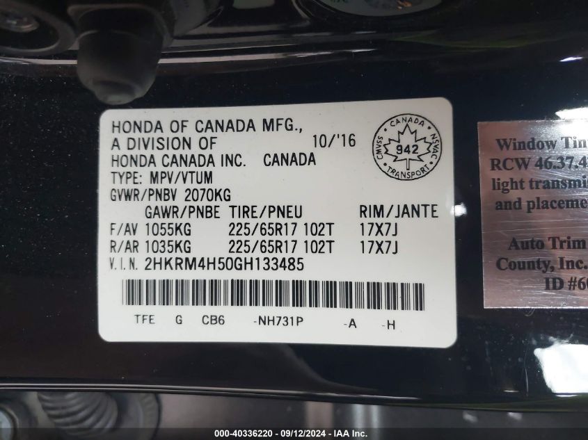 2HKRM4H50GH133485 2016 Honda Cr-V Ex