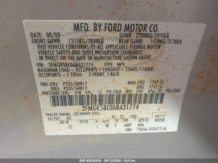 2FMGK5BC0ABA31774 2010 Ford Flex Se