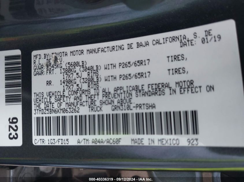 2019 Toyota Tacoma Double Cab/Sr5/Trd Sport/Trd Off Road VIN: 3TMDZ5BN6KM063262 Lot: 40336319