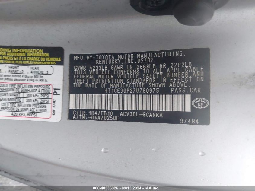 4T1CE30P27U76097 2007 Toyota Camry Solara Se/Sle