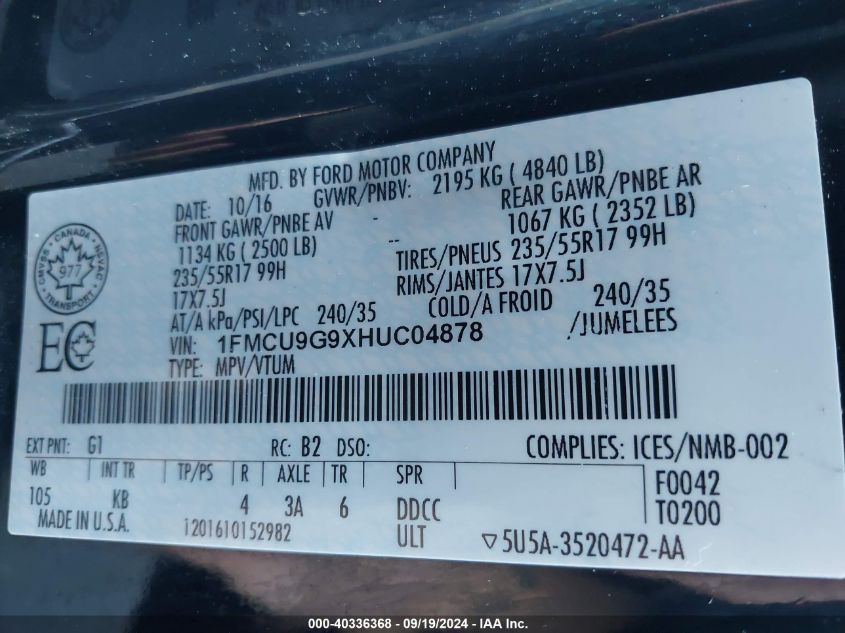 1FMCU9G9XHUC04878 2017 Ford Escape Se