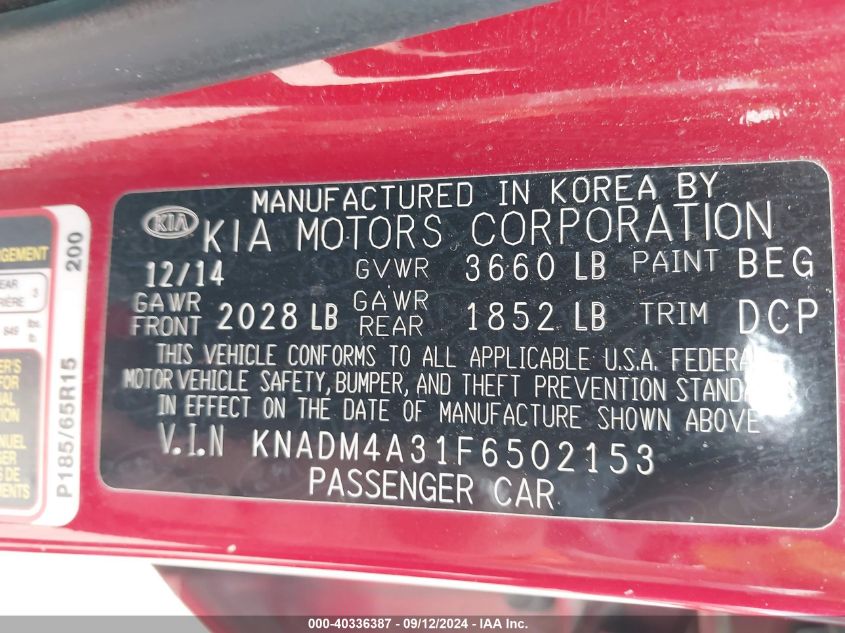 2015 Kia Rio Lx VIN: KNADM4A31F6502153 Lot: 40336387