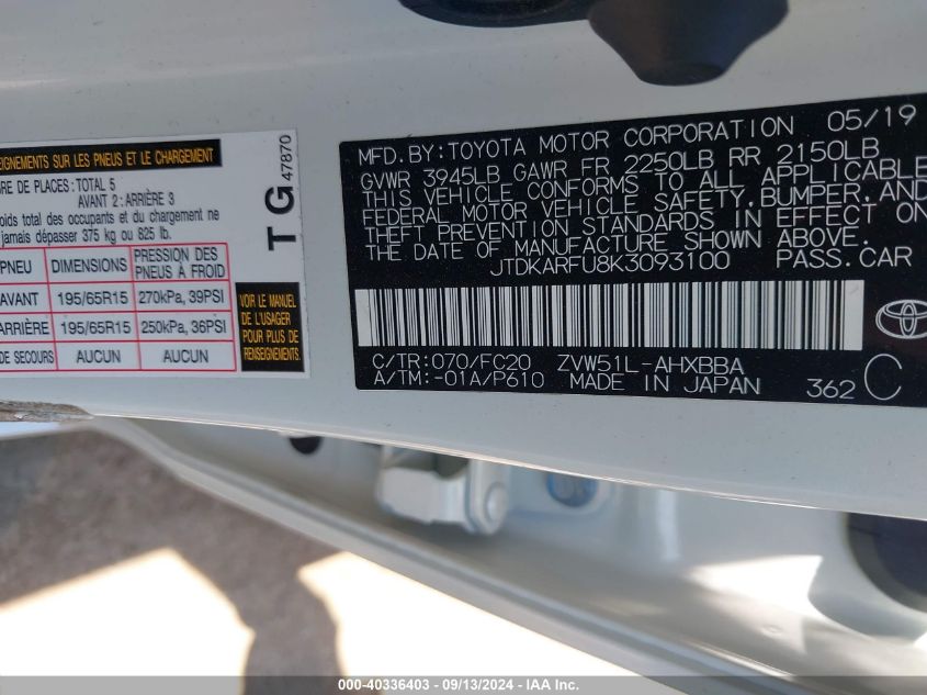 2019 Toyota Prius L Eco VIN: JTDKARFU8K3093100 Lot: 40336403